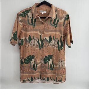 Las Surenas leopard botanical desert print short sleeve button down shirt dress